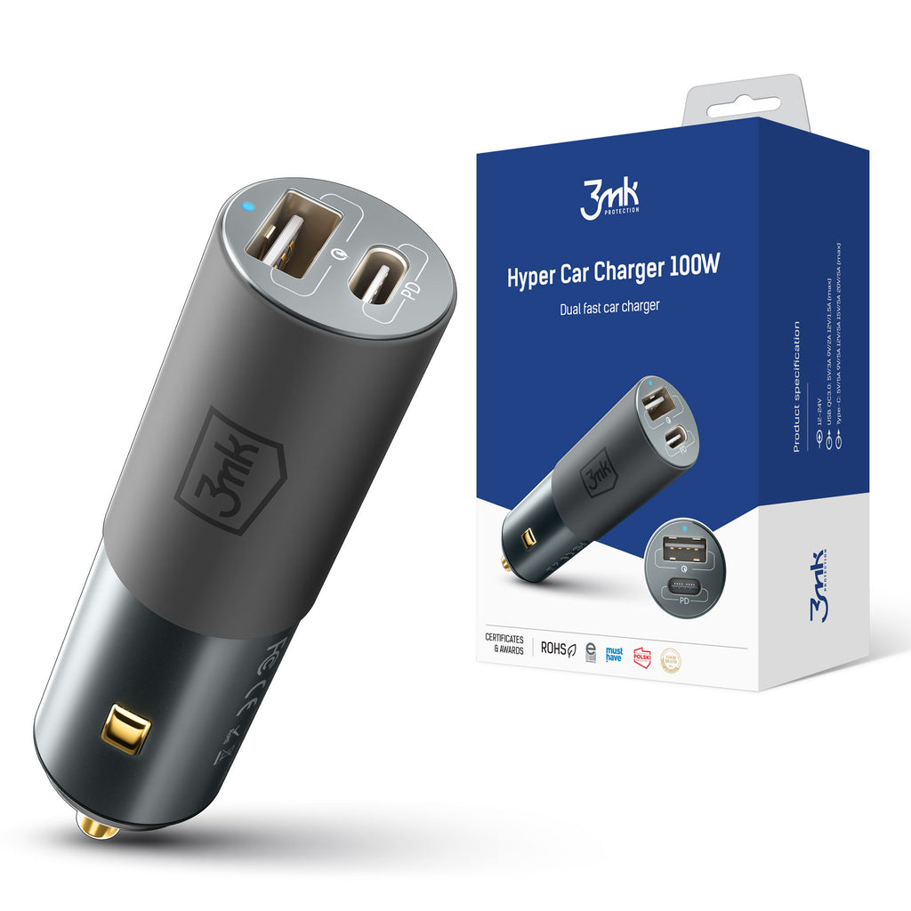 3mk Hyper Car Charger USB-C USB-A 100W – sidabrinis