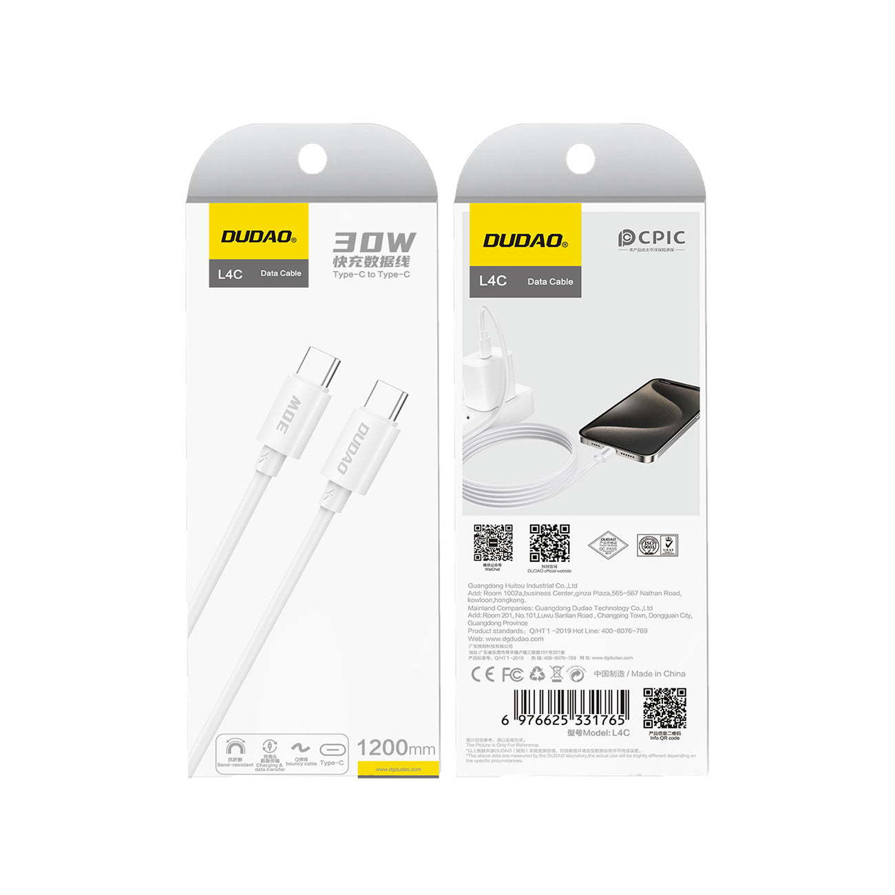 Dudao L4C USB-C / USB-C 30W 2m laidas - baltas