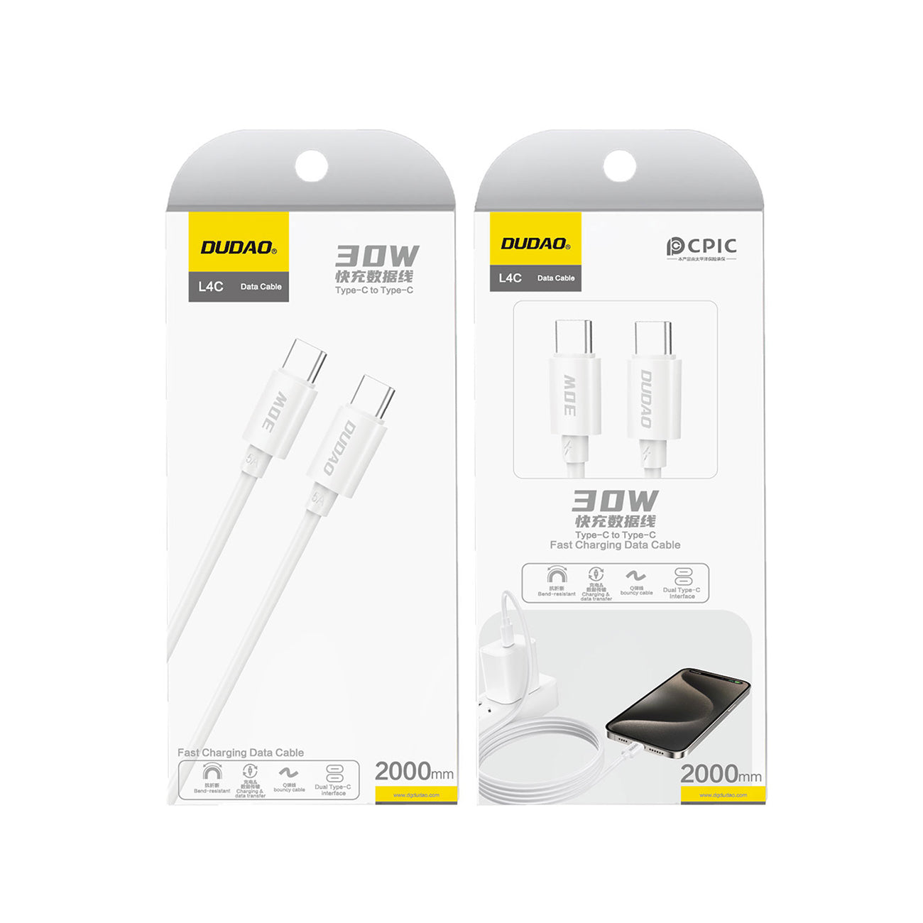 Dudao L4C USB-C / USB-C 30W 2m laidas - baltas