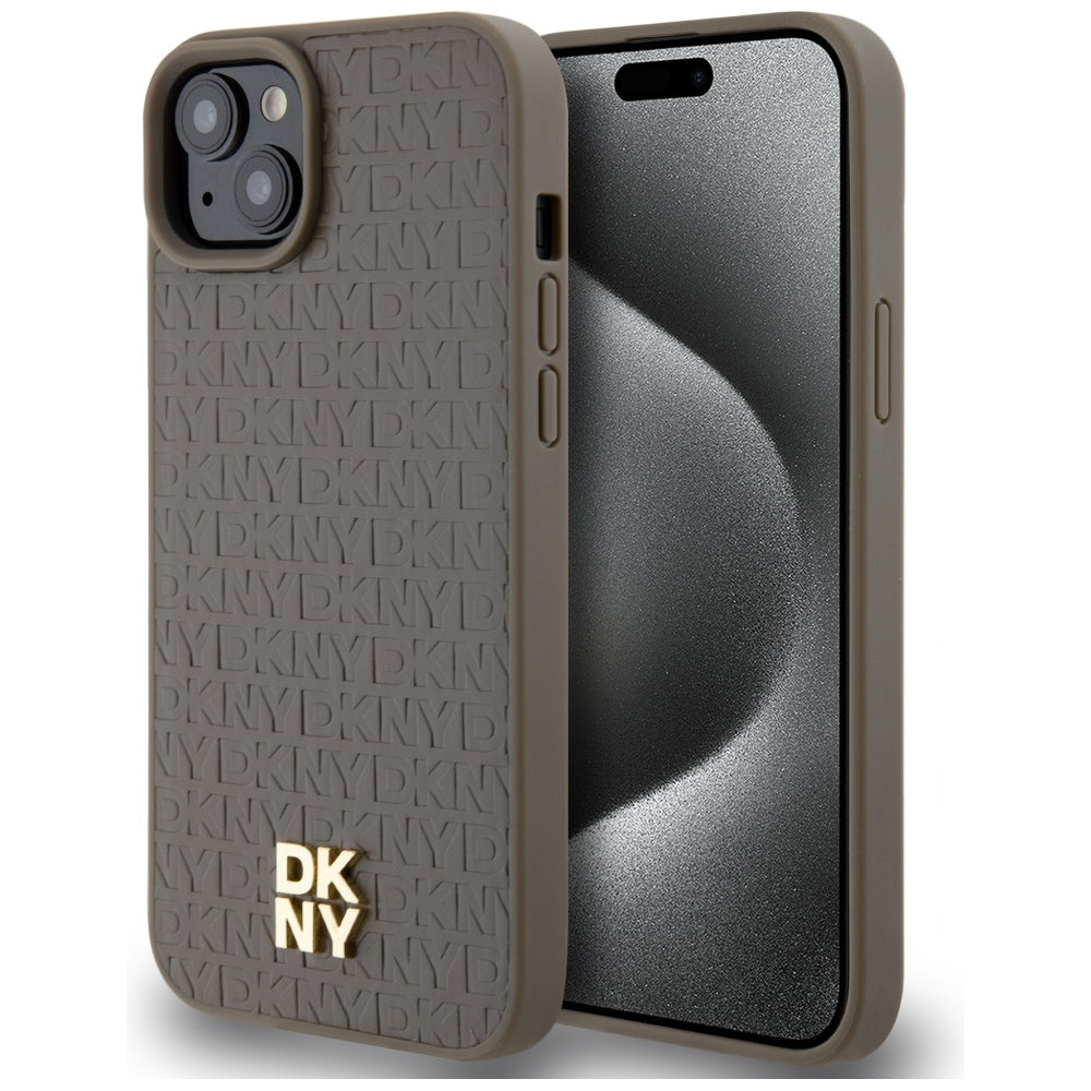 DKNY odinis MagSafe dėklas iPhone 15 Plus/14 Plus – rudas