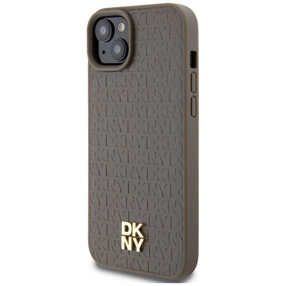 DKNY odinis MagSafe dėklas iPhone 15 Plus/14 Plus – rudas