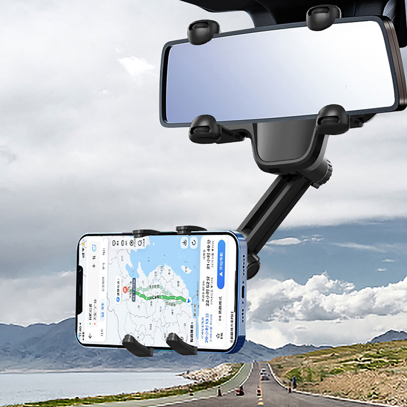 Automobilinis telefono laikiklis galinio vaizdo veidrodžiui, juodas