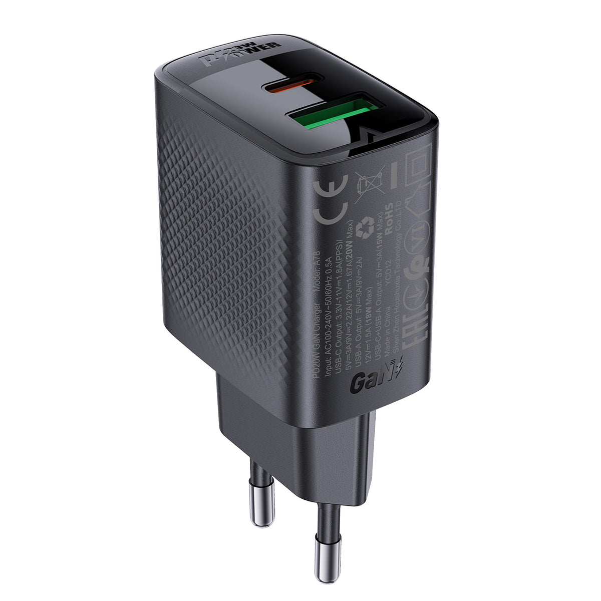 Acefast A78 GaN USB-A / USB-C PD 20W tinklo įkroviklis - juodas -- Cell phone chargers