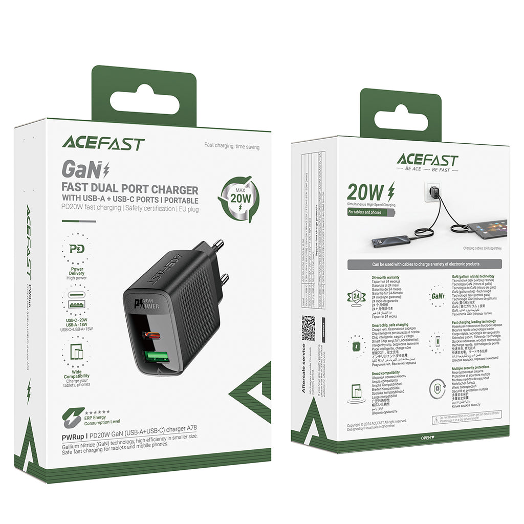 Acefast A78 GaN USB-A / USB-C PD 20W tinklo įkroviklis - juodas -- Cell phone chargers
