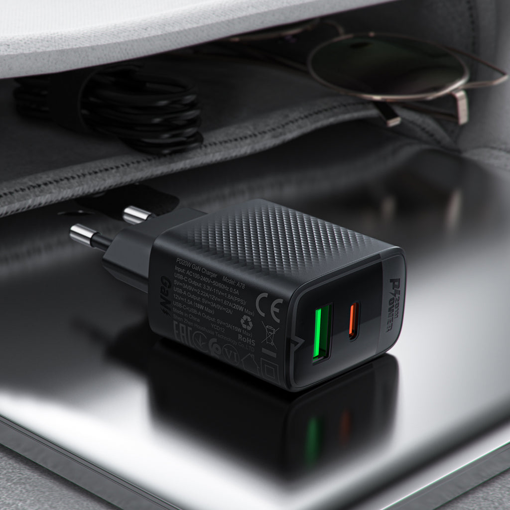 Acefast A78 GaN USB-A / USB-C PD 20W tinklo įkroviklis - juodas -- Cell phone chargers