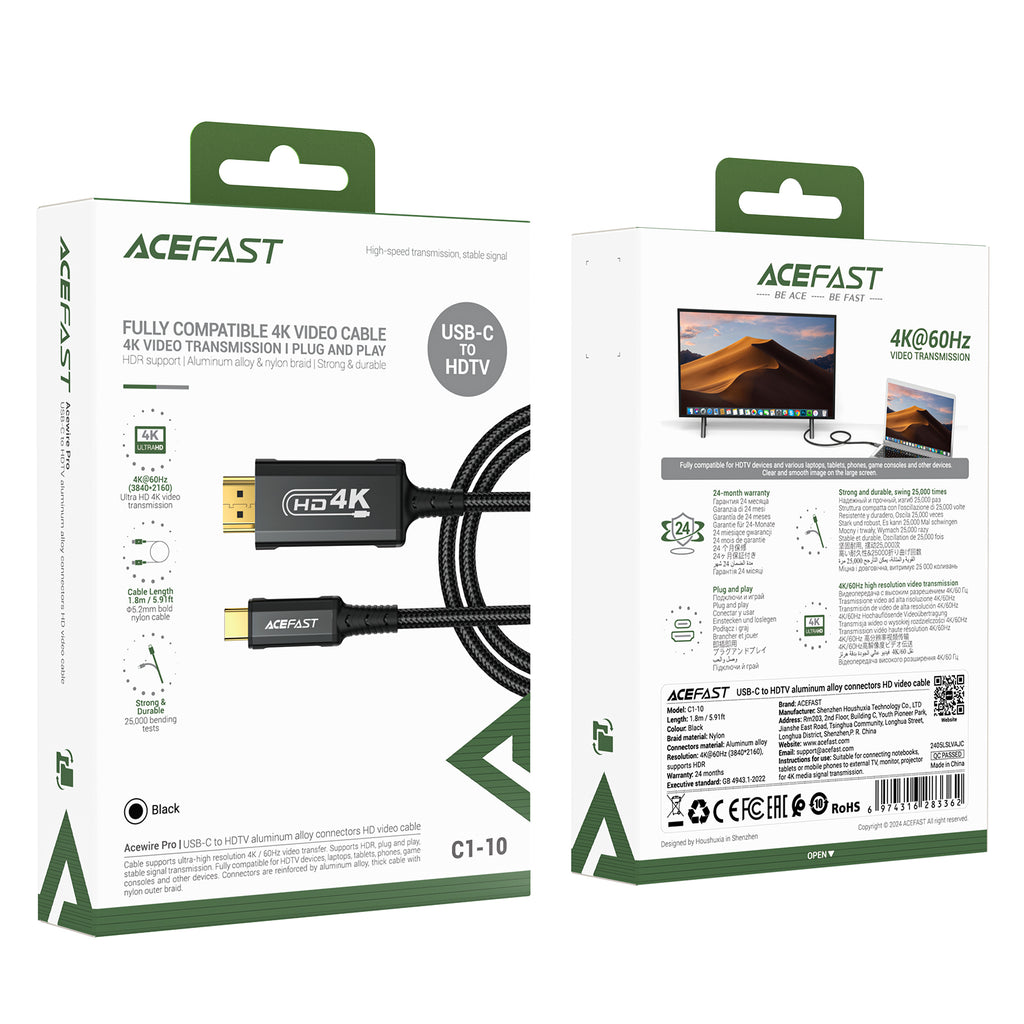Acefast C1 vaizdo kabelis su USB-C/HDMI 4K 60Hz su HDR 1,8 m - juodas -- Video Cables