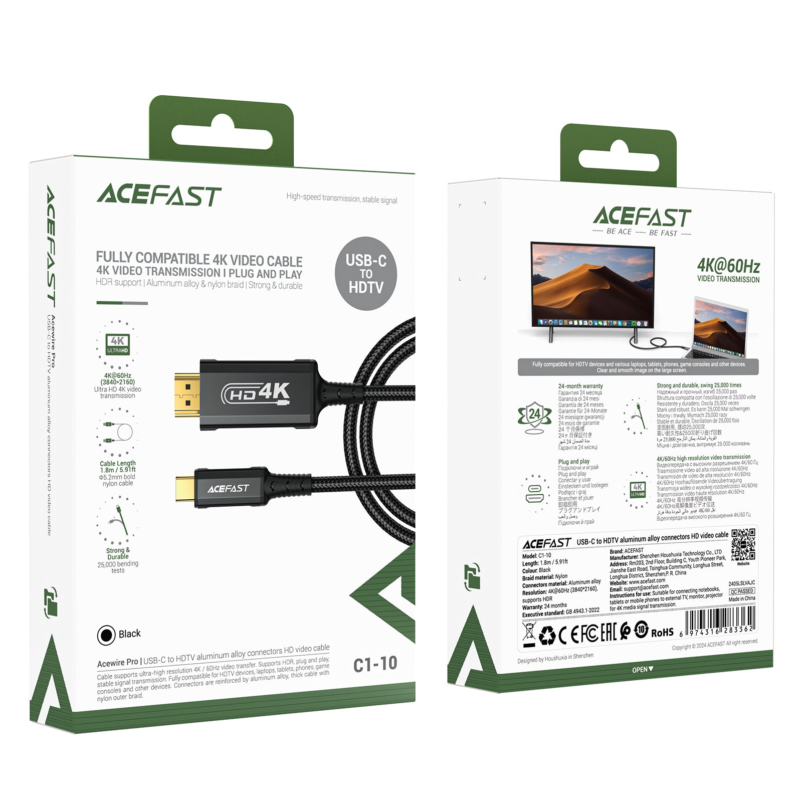 Acefast C1 vaizdo kabelis su USB-C/HDMI 4K 60Hz su HDR 1,8 m - juodas -- Video Cables