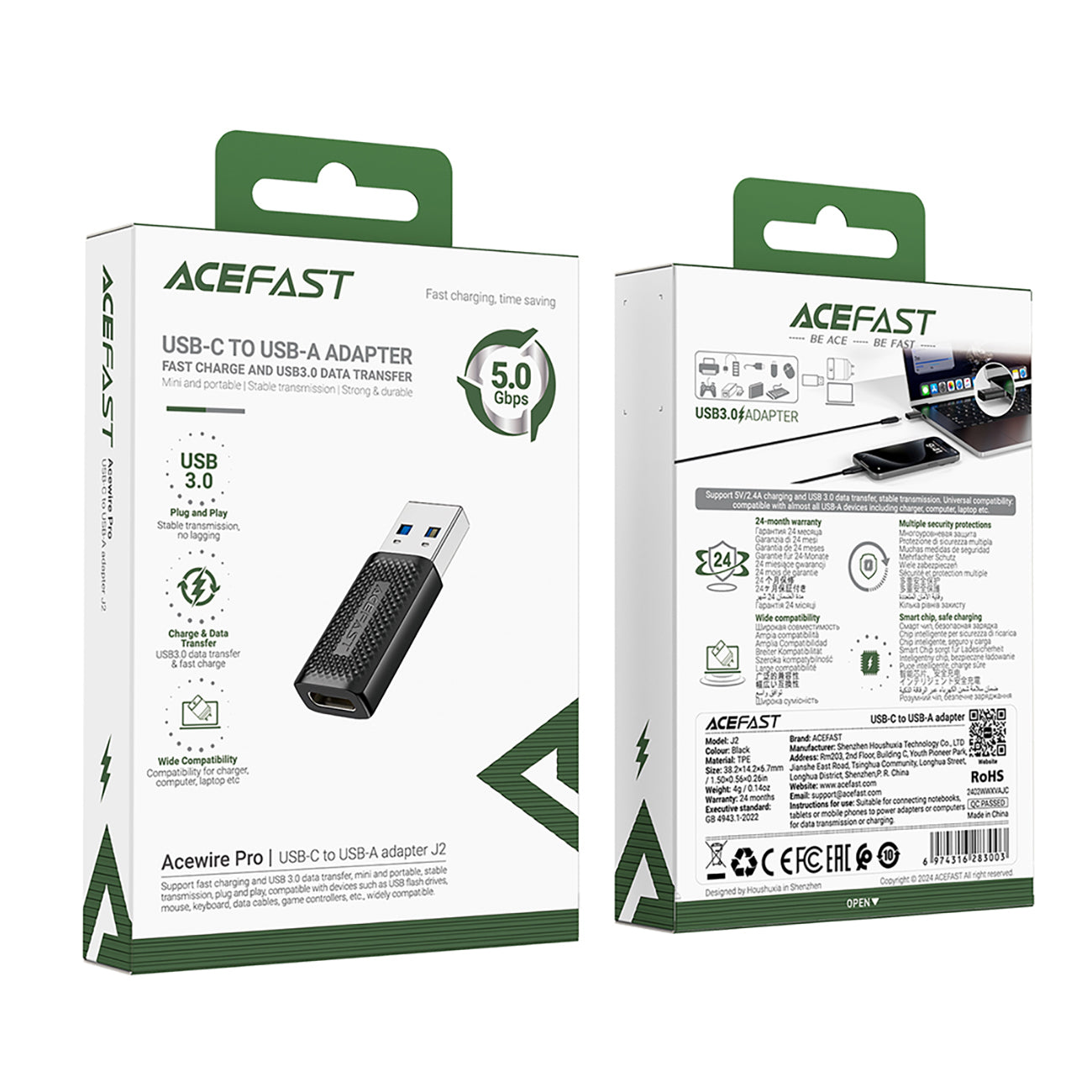 Acefast J2 USB-C 3.0 (moteriškas) į USB-A 3.0 (vyriškas) 5Gb/s adapteris – juodas