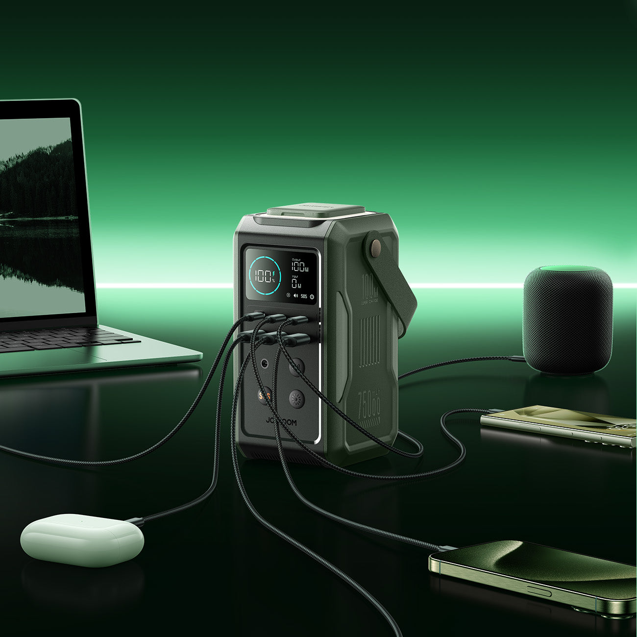 Joyroom Išorinė baterija JR-PBF10 75000mAh 100W 3x USB-C 3x USB-A su sulankstomu žibintuvėliu ir rankena - žalia