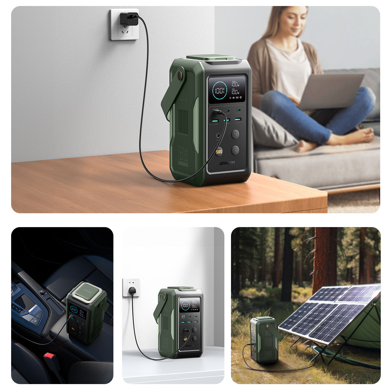 Joyroom Išorinė baterija JR-PBF10 75000mAh 100W 3x USB-C 3x USB-A su sulankstomu žibintuvėliu ir rankena - žalia