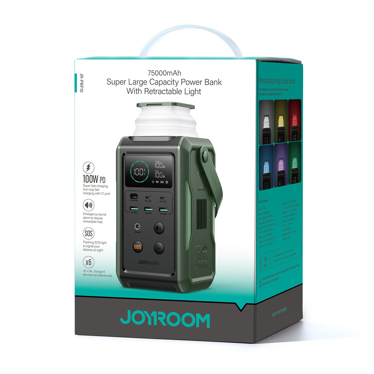 Joyroom Išorinė baterija JR-PBF10 75000mAh 100W 3x USB-C 3x USB-A su sulankstomu žibintuvėliu ir rankena - žalia