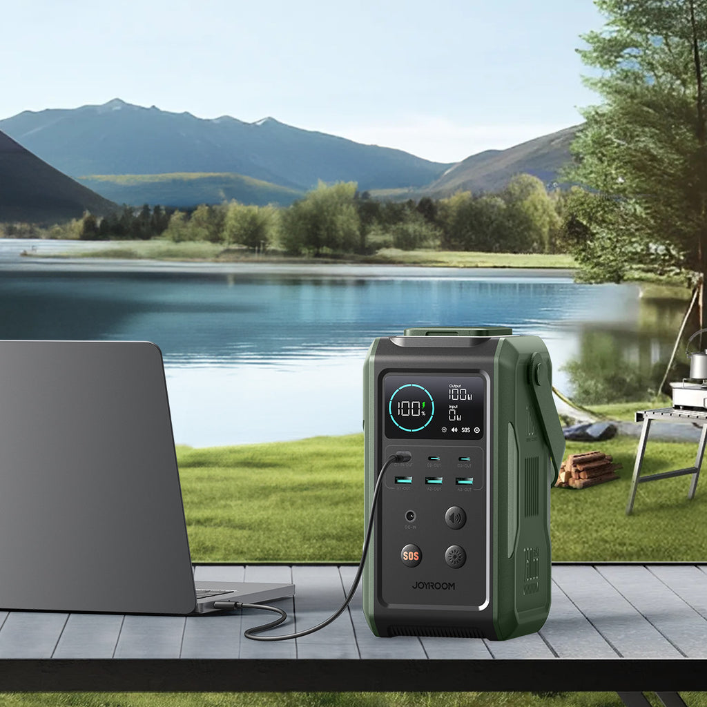 Joyroom Išorinė baterija JR-PBF10 75000mAh 100W 3x USB-C 3x USB-A su sulankstomu žibintuvėliu ir rankena - žalia