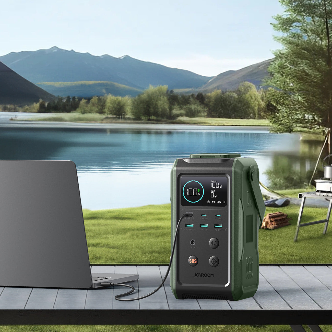 Joyroom Išorinė baterija JR-PBF10 75000mAh 100W 3x USB-C 3x USB-A su sulankstomu žibintuvėliu ir rankena - žalia
