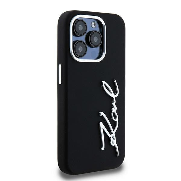 Karl Lagerfeld Silicone Metal Script Logo dėklas iPhone 15 Pro - juodas