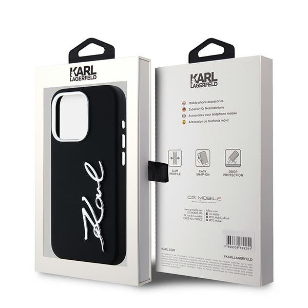 Karl Lagerfeld Silicone Metal Script Logo dėklas iPhone 15 Pro - juodas