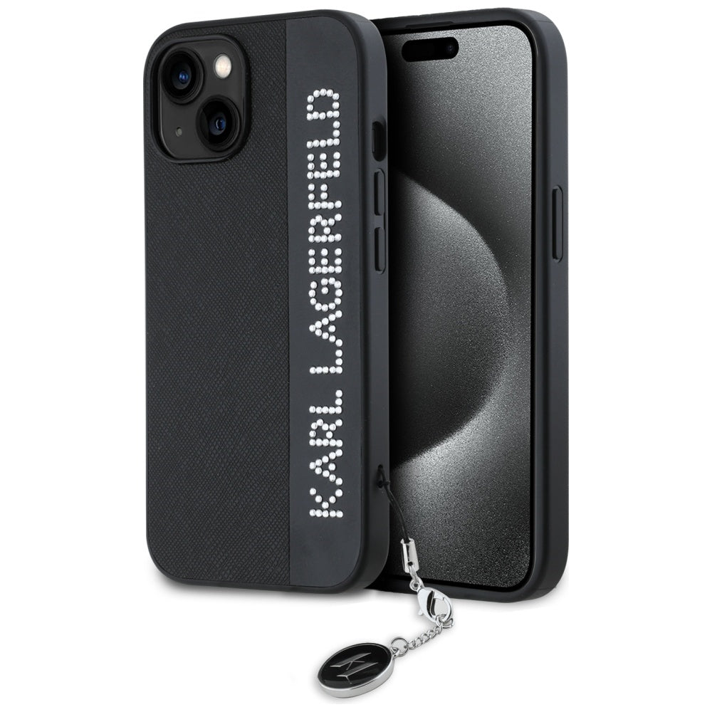 Karl Lagerfeld Saffiano Rhinestones & Charm dėklas, skirtas iPhone 15 / 14 / 13 - juodas