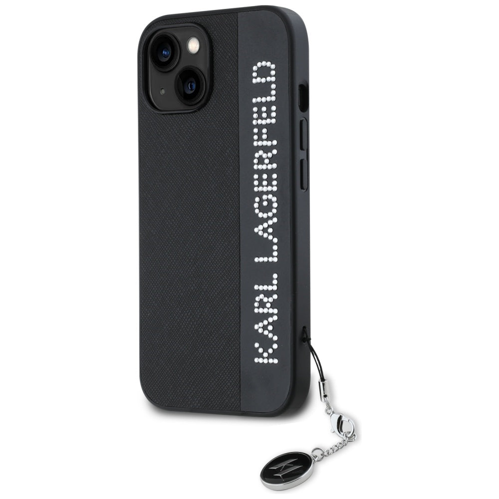 Karl Lagerfeld Saffiano Rhinestones & Charm dėklas, skirtas iPhone 15 / 14 / 13 - juodas