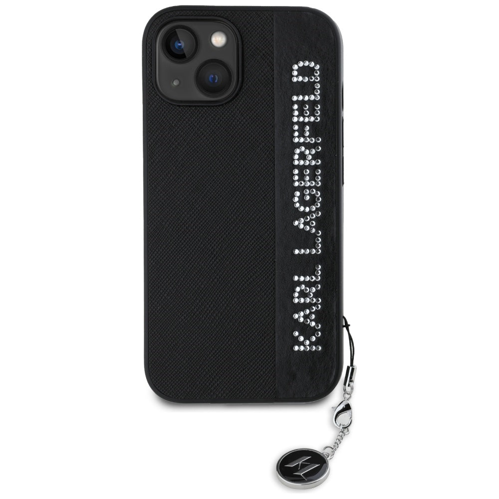 Karl Lagerfeld Saffiano Rhinestones & Charm dėklas, skirtas iPhone 15 / 14 / 13 - juodas