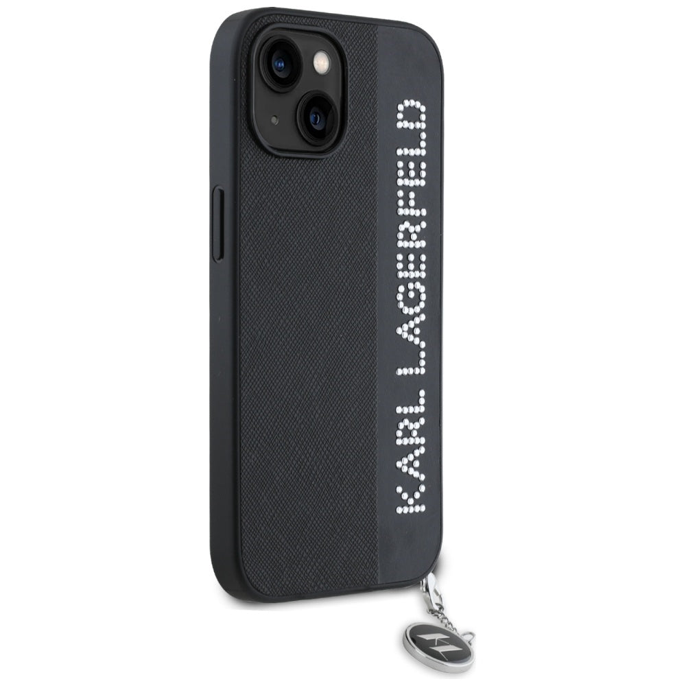Karl Lagerfeld Saffiano Rhinestones & Charm dėklas, skirtas iPhone 15 / 14 / 13 - juodas