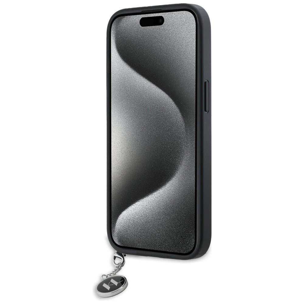 Karl Lagerfeld Saffiano Rhinestones & Charm dėklas, skirtas iPhone 15 / 14 / 13 - juodas