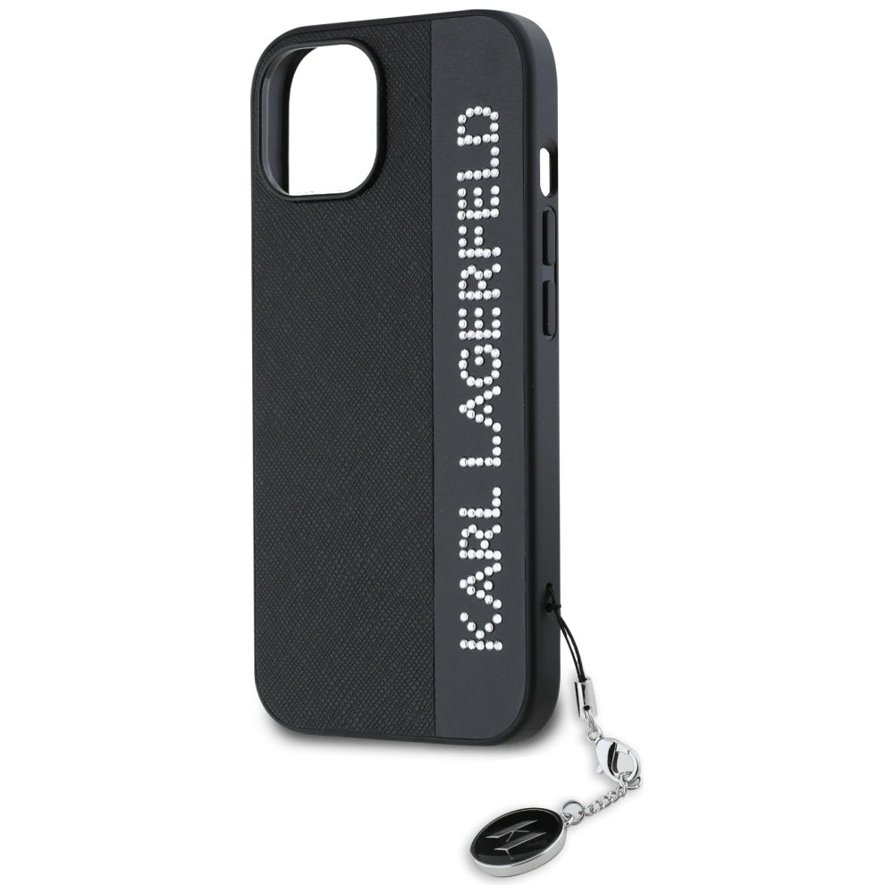 Karl Lagerfeld Saffiano Rhinestones & Charm dėklas, skirtas iPhone 15 / 14 / 13 - juodas