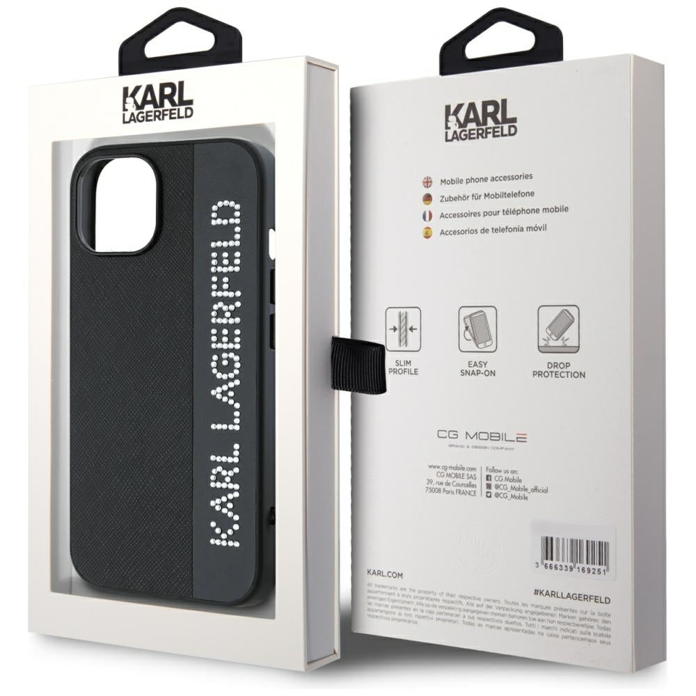 Karl Lagerfeld Saffiano Rhinestones & Charm dėklas, skirtas iPhone 15 / 14 / 13 - juodas