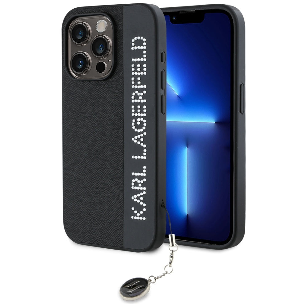 Karl Lagerfeld Saffiano Rhinestones & Charm dėklas, skirtas iPhone 15 Pro Max - juodas