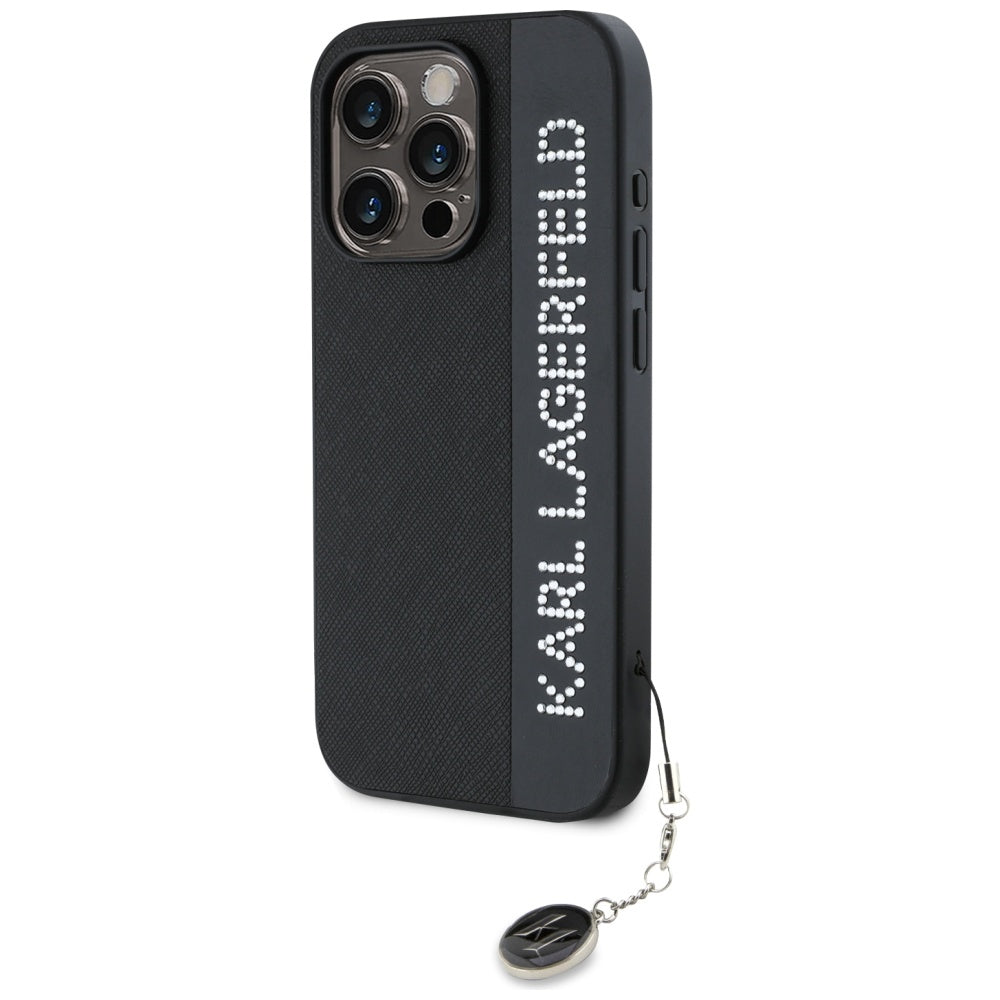 Karl Lagerfeld Saffiano Rhinestones & Charm dėklas, skirtas iPhone 15 Pro Max - juodas