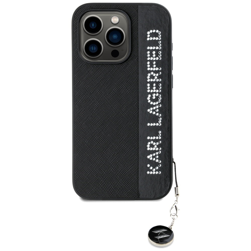 Karl Lagerfeld Saffiano Rhinestones & Charm dėklas, skirtas iPhone 15 Pro Max - juodas