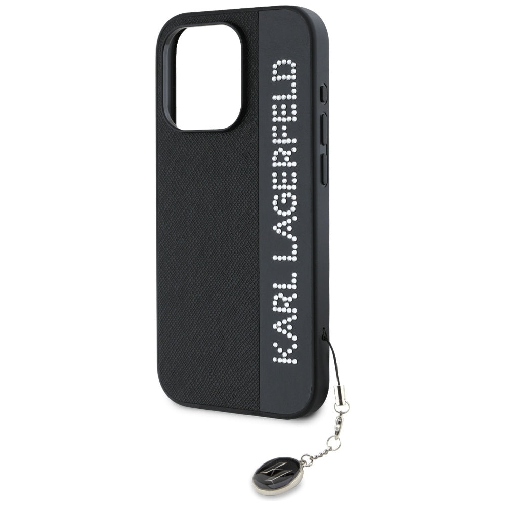 Karl Lagerfeld Saffiano Rhinestones & Charm dėklas, skirtas iPhone 15 Pro Max - juodas