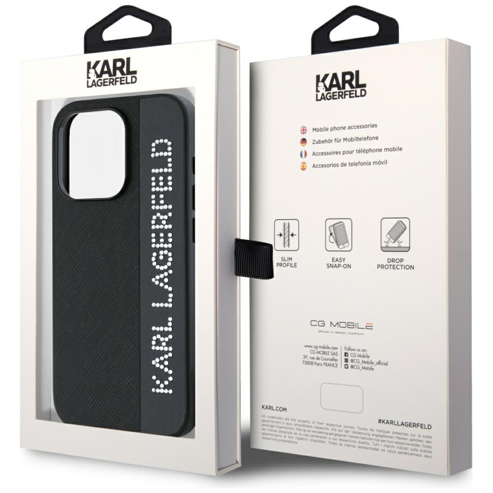 Karl Lagerfeld Saffiano Rhinestones & Charm dėklas, skirtas iPhone 15 Pro Max - juodas