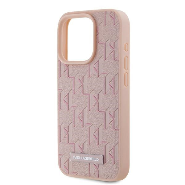 Karl Lagerfeld Leather Monogram Metal Logo dėklas iPhone 15 Pro - rožinis