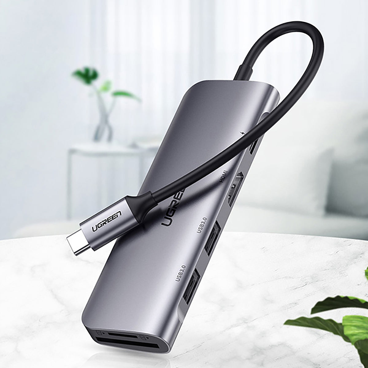 Ugreen CM195 6in1 adapteris USB-C - HDMI / 2x USB-A 3.0 / USB-C PD / SD / TF skaitytuvas - pilkas -- USB Hubs