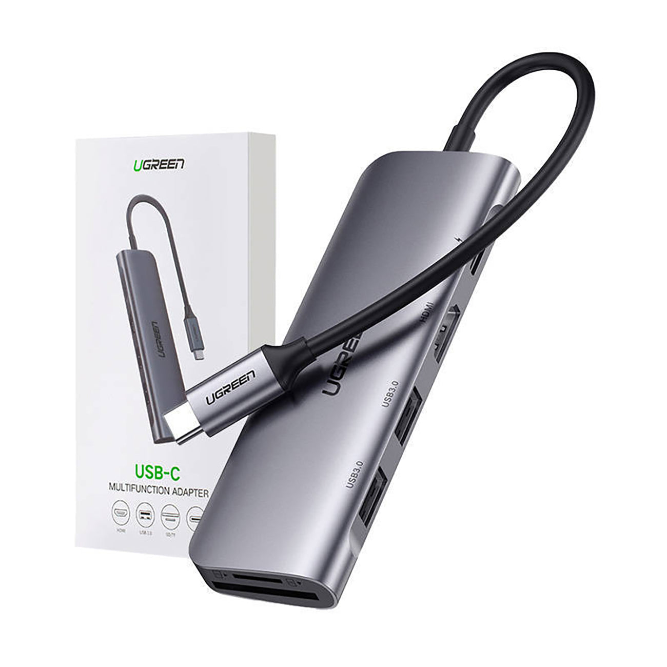Ugreen CM195 6in1 adapteris USB-C - HDMI / 2x USB-A 3.0 / USB-C PD / SD / TF skaitytuvas - pilkas -- USB Hubs