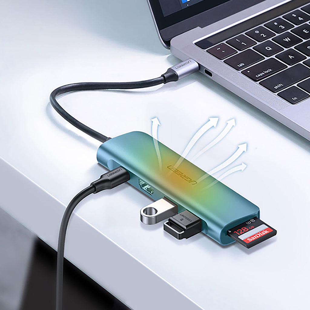 Ugreen CM195 6in1 adapteris USB-C - HDMI / 2x USB-A 3.0 / USB-C PD / SD / TF skaitytuvas - pilkas -- USB Hubs