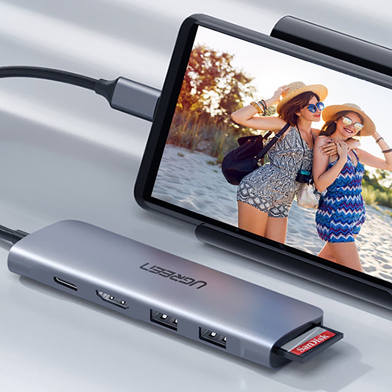 Ugreen CM195 6in1 adapteris USB-C - HDMI / 2x USB-A 3.0 / USB-C PD / SD / TF skaitytuvas - pilkas -- USB Hubs