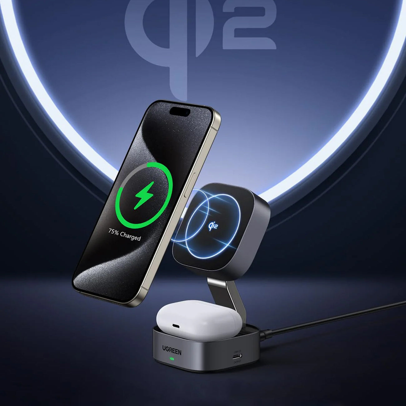 Ugreen W702 3in1 indukcinis įkroviklis su MagSafe / Qi2 ir USB-C jungtimi telefonui / ausinėms - juodas -- Cell phone...
