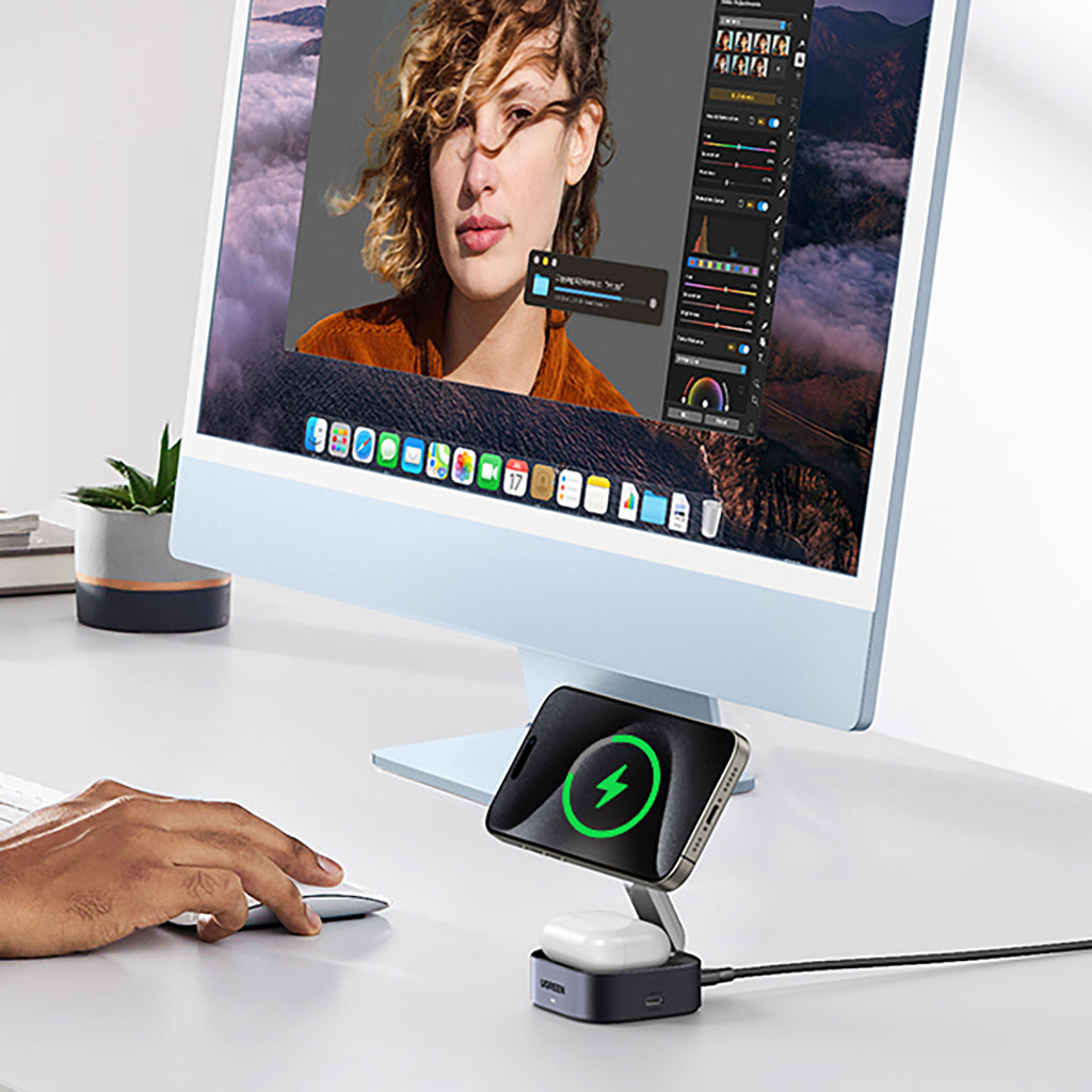 Ugreen W702 3in1 indukcinis įkroviklis su MagSafe / Qi2 ir USB-C jungtimi telefonui / ausinėms - juodas -- Cell phone...