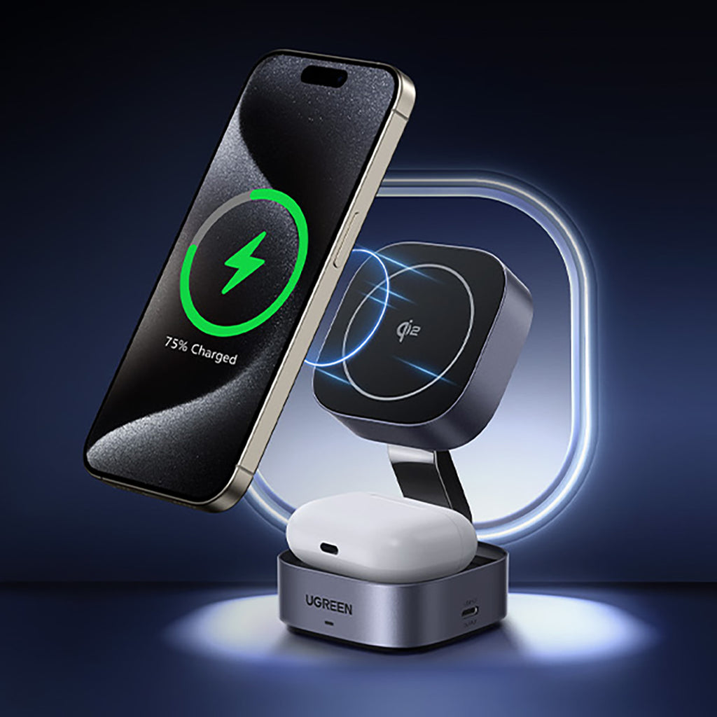 Ugreen W702 3in1 indukcinis įkroviklis su MagSafe / Qi2 ir USB-C jungtimi telefonui / ausinėms - juodas -- Cell phone...