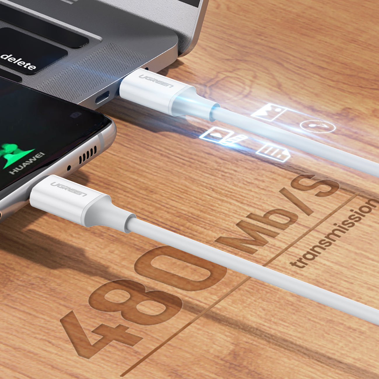 Ugreen US264 60518 USB-C / USB-C PD QC AFC laidas 1 m - baltas -- Cell phone cables