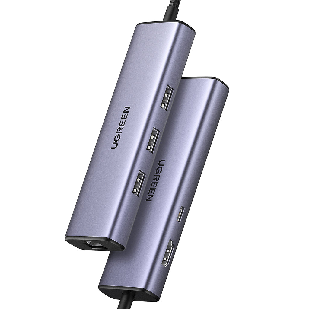 HUB Ugreen CM512 15598 6in1 USB-C - 3x USB-A 3.0 / HDMI / RJ45 / USB-C PD - pilkas -- USB Hubs