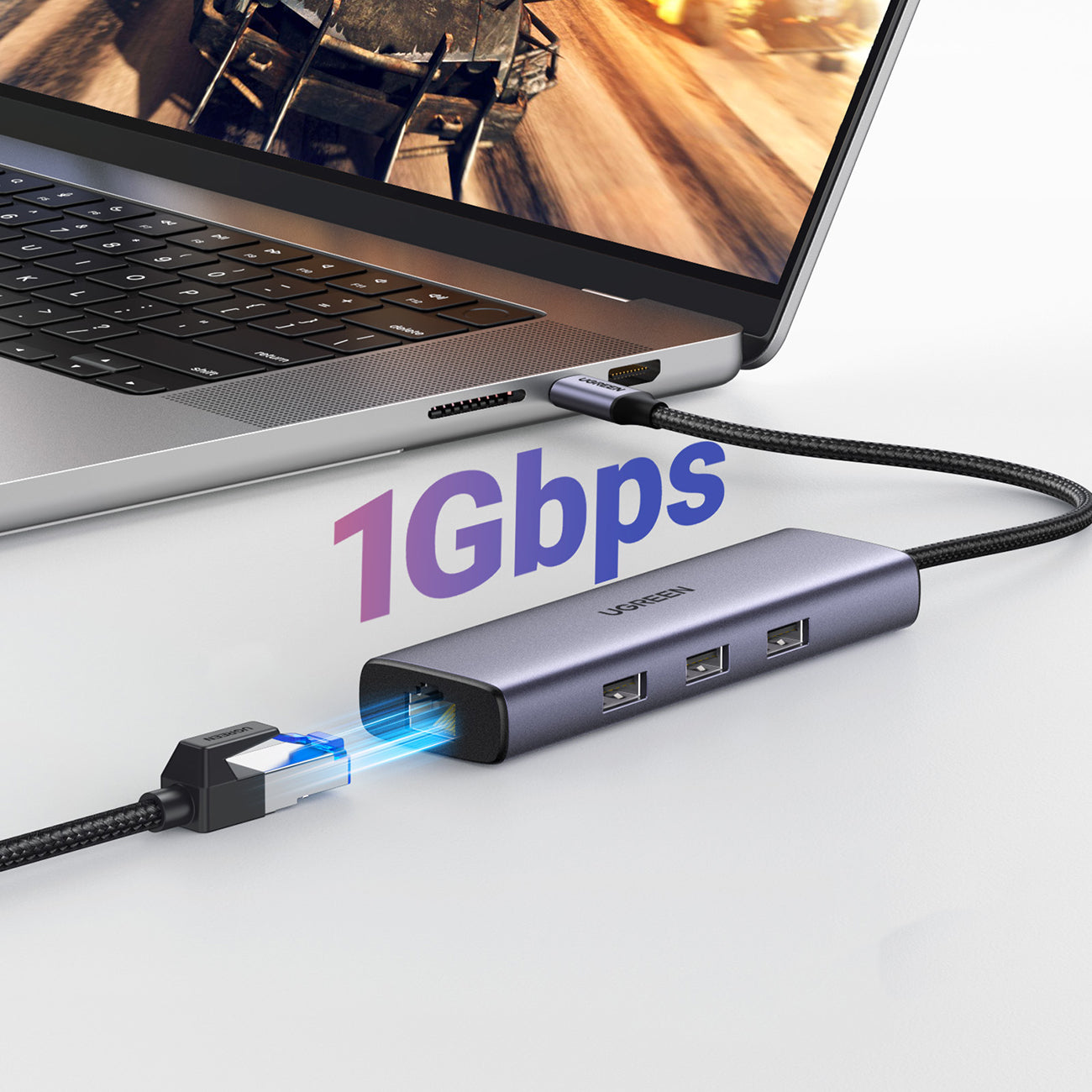 HUB Ugreen CM512 15598 6in1 USB-C - 3x USB-A 3.0 / HDMI / RJ45 / USB-C PD - pilkas -- USB Hubs