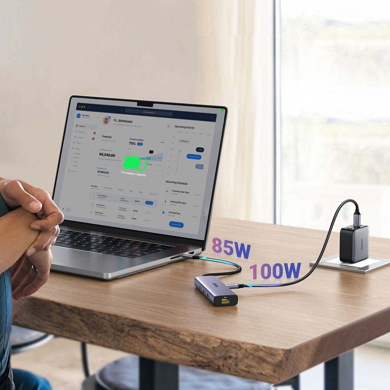 HUB Ugreen CM512 15598 6in1 USB-C - 3x USB-A 3.0 / HDMI / RJ45 / USB-C PD - pilkas -- USB Hubs