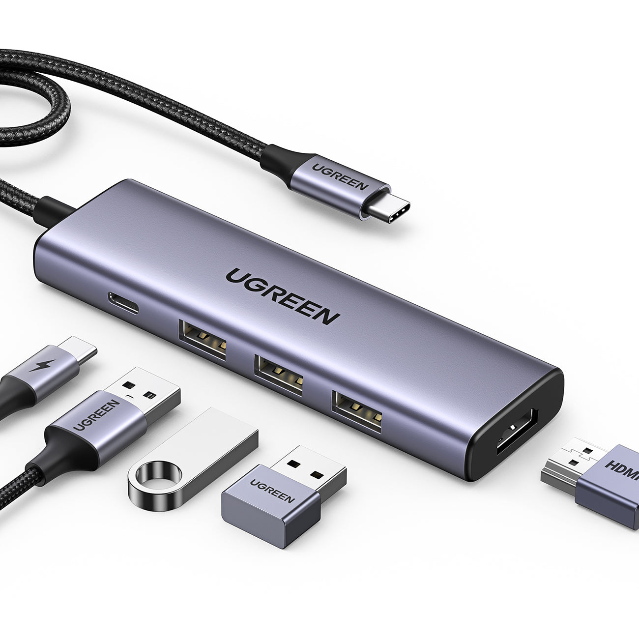 HUB Ugreen CM511 15597 5in1 USB-C - USB-C PD / HDMI / 3x USB-A 3.0 - pilkas -- USB Hubs