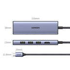 HUB Ugreen CM511 20956A 6in1 USB-C - HDMI / 3x USB-A 3.0 / SD/TF kortelių skaitytuvas - pilkas -- USB Hubs