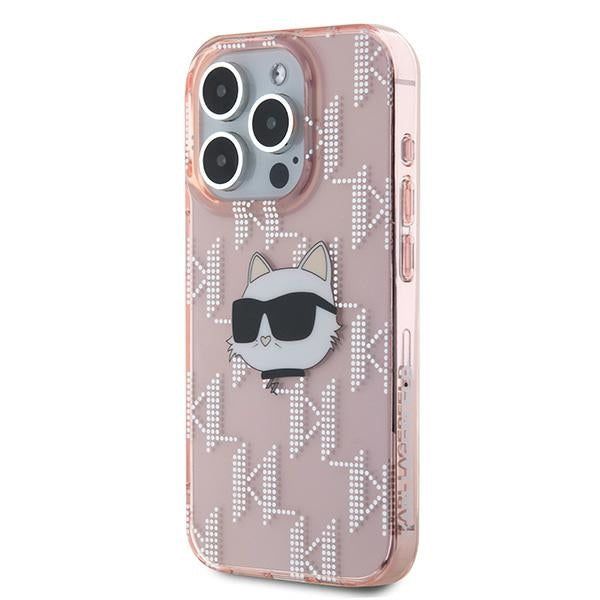 Karl Lagerfeld IML Choupette Head & Monogram dėklas, skirtas iPhone 15 Pro Max - rožinis
