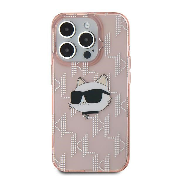 Karl Lagerfeld IML Choupette Head & Monogram dėklas, skirtas iPhone 15 Pro Max - rožinis