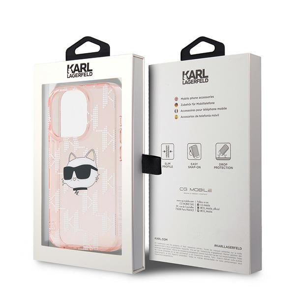Karl Lagerfeld IML Choupette Head & Monogram dėklas, skirtas iPhone 15 Pro Max - rožinis