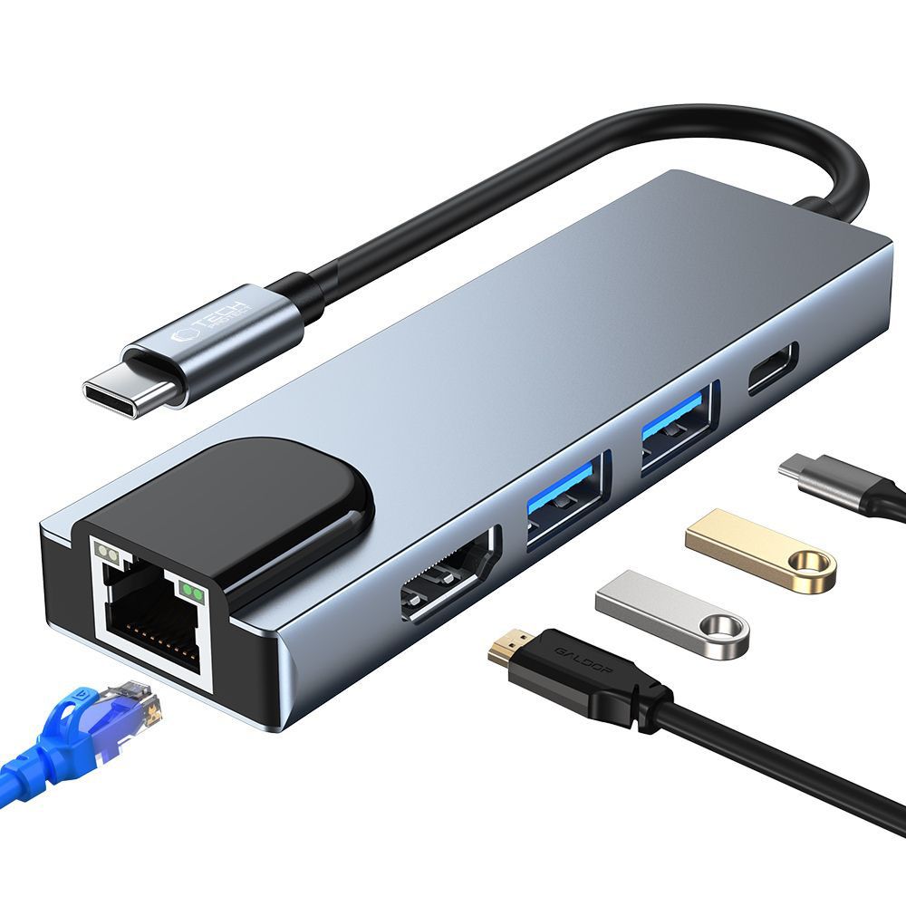 HUB Tech-Protect V3 5in1 USB-C - USB-A 3.0 / USB-A 2.0 / USB-C / HDMI / RJ45 - pilkas -- USB Hubs