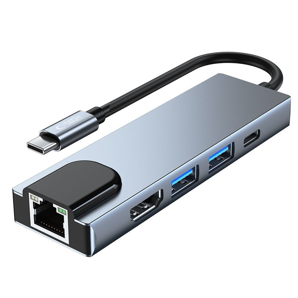 HUB Tech-Protect V3 5in1 USB-C - USB-A 3.0 / USB-A 2.0 / USB-C / HDMI / RJ45 - pilkas -- USB Hubs